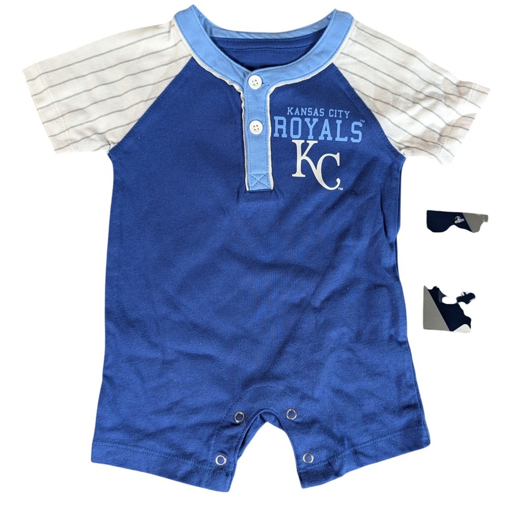MLB Kansas‎ City Royals Baby Romper Blue White Striped Henley Bodysuit NEW